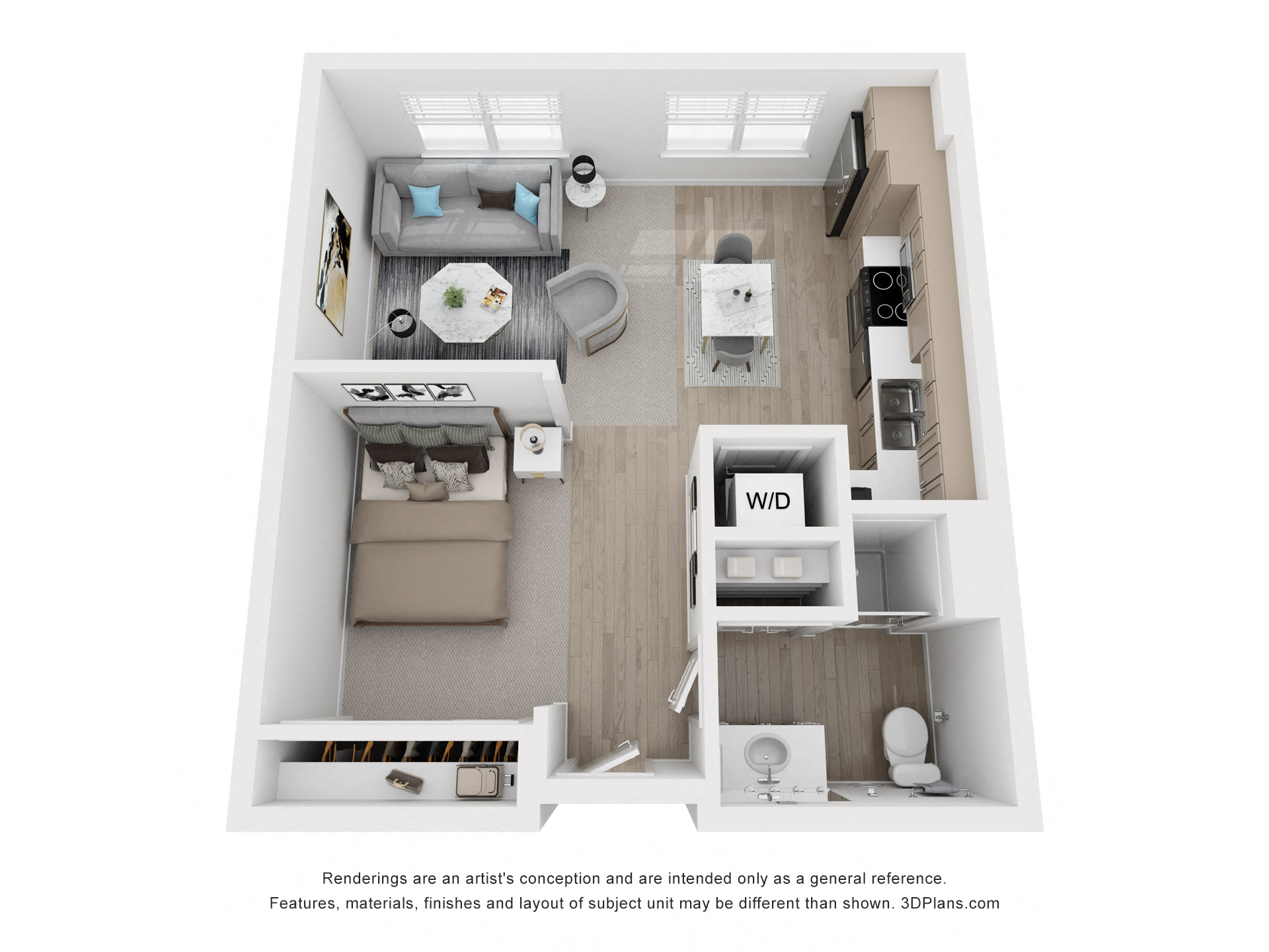 Floor plan for studio, 1 bath, 592 sqft